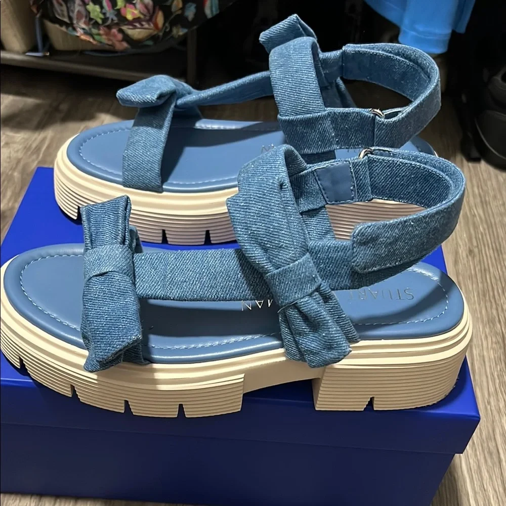 Stuart Weitzman Denim Blue Sandals with Bow Detail - Picture 2 of 7